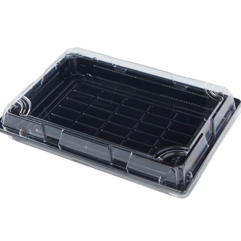 Customized disposable plastic PP sushi box black sushi tray vacuum formed rectangular sushi meat container with transparent PS anti fog lid