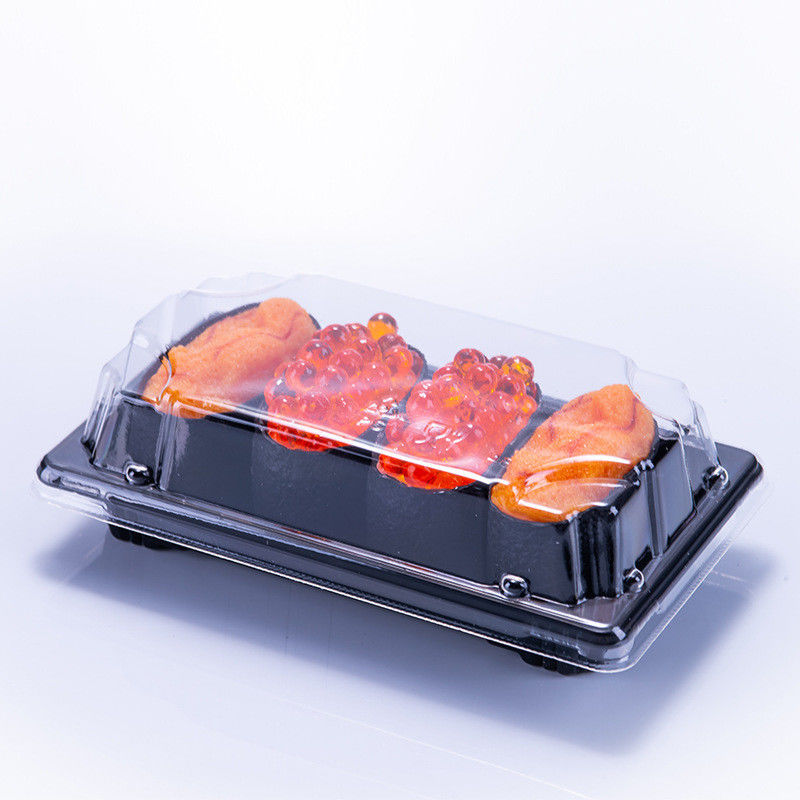 Customized disposable plastic PP sushi box black sushi tray vacuum formed rectangular sushi meat container with transparent PS anti fog lid