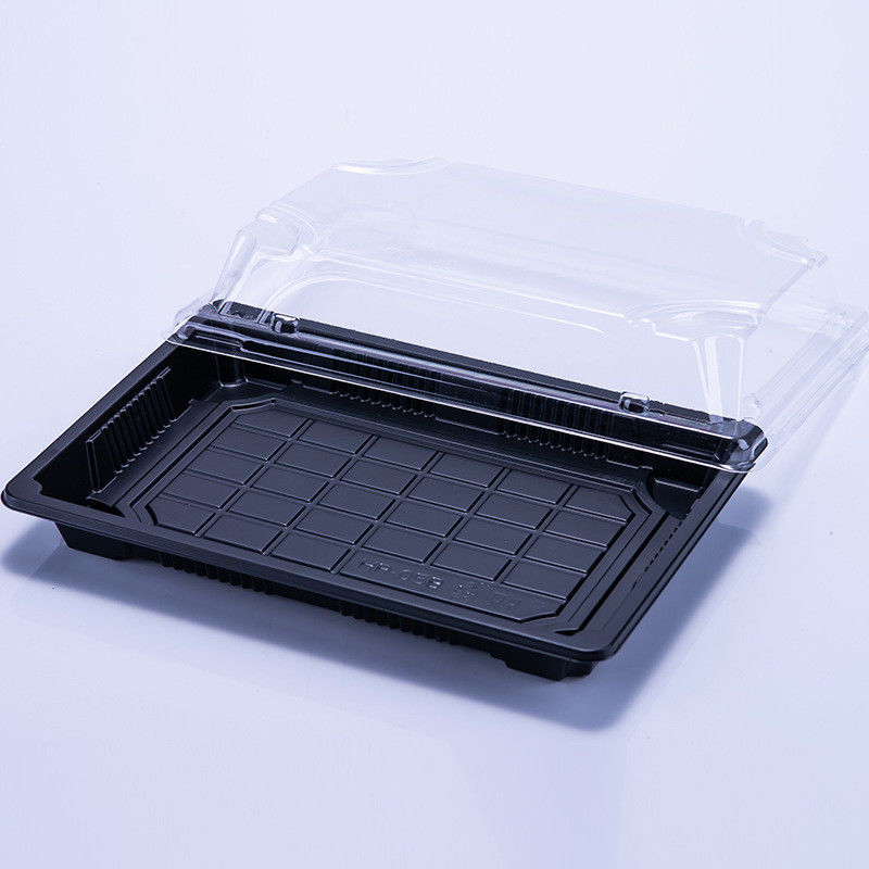 Customized disposable plastic PP sushi box black sushi tray vacuum formed rectangular sushi meat container with transparent PS anti fog lid