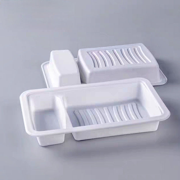 Customized disposable white PP thickened 2 cavity plastic salmon and seafood fresh meat tray