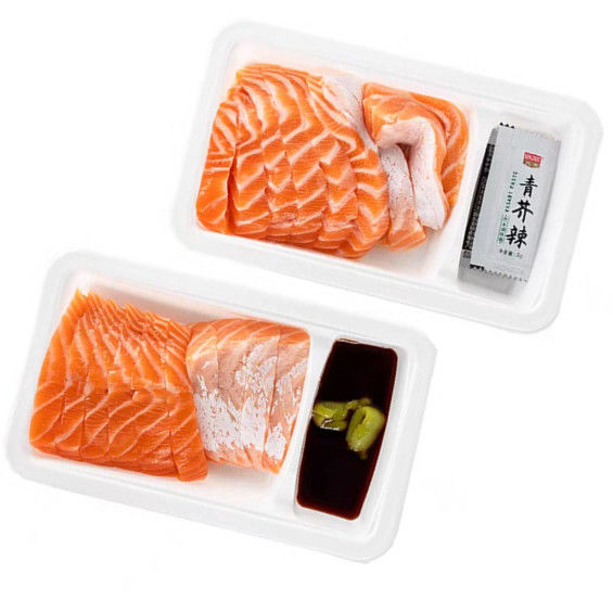 Customized disposable white PP thickened 2 cavity plastic salmon and seafood fresh meat tray