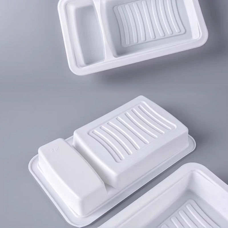 Customized disposable white PP thickened 2 cavity plastic salmon and seafood fresh meat tray