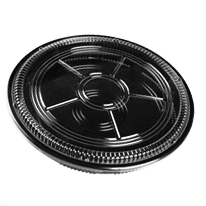 Wholesale black plastic plastic fruit Dim sum disposable big round sushi sashimi platter take away packing box with cover