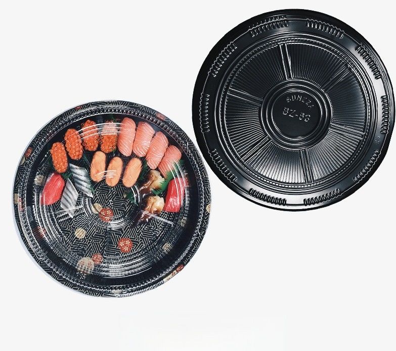 Wholesale black plastic plastic fruit Dim sum disposable big round sushi sashimi platter take away packing box with cover