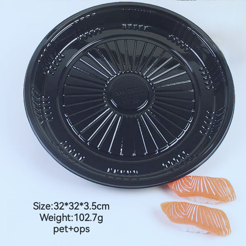 Wholesale black plastic plastic fruit Dim sum disposable big round sushi sashimi platter take away packing box with cover