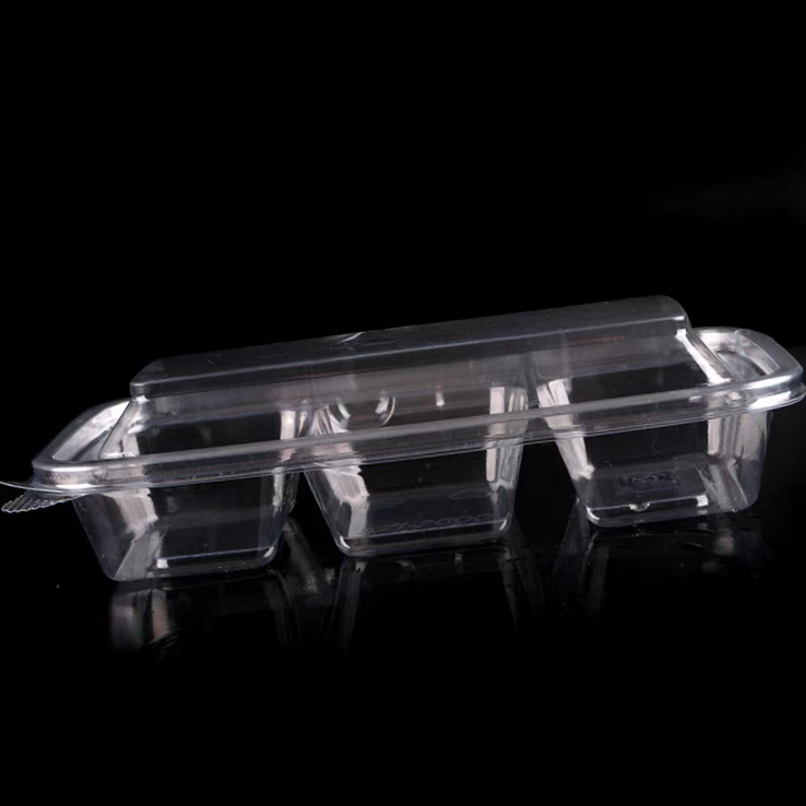 OEM factory disposable 3 cavity transparent vacuum formed rectangular PET plastic clamshell pastry cake box