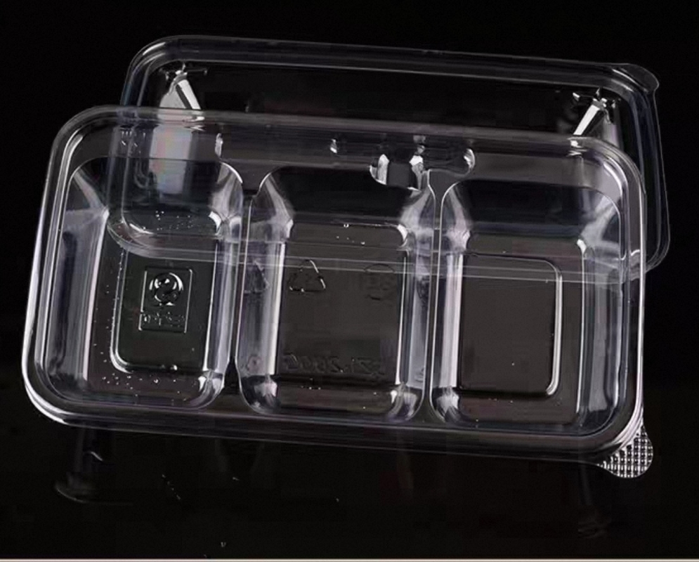 OEM factory disposable 3 cavity transparent vacuum formed rectangular PET plastic clamshell pastry cake box